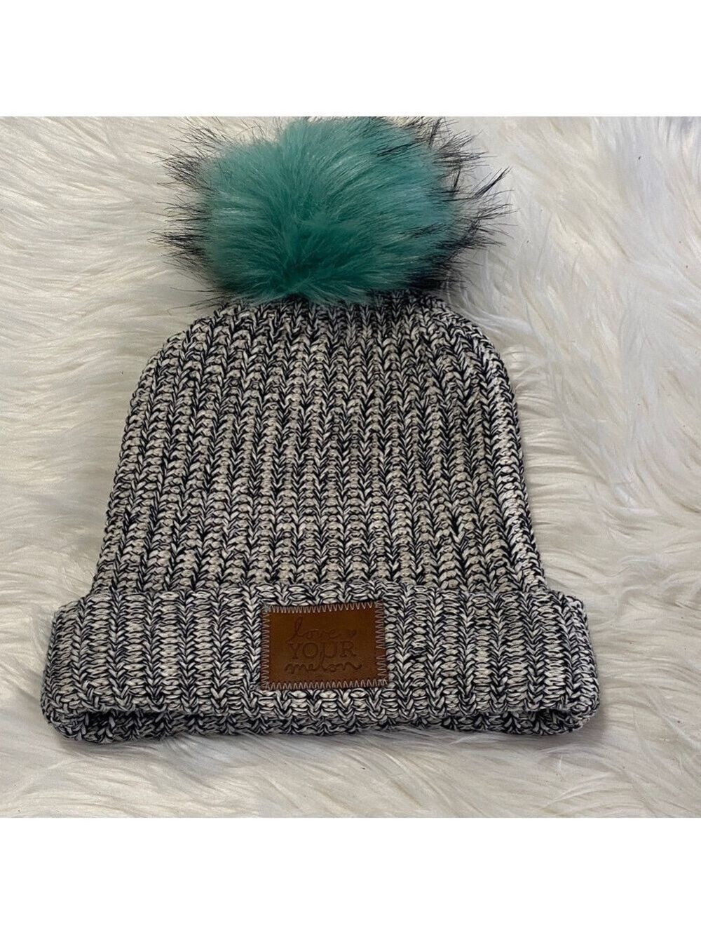 Love Your Melon black and white Beanie with Teal Pom-Pom - Picture 1 of 4